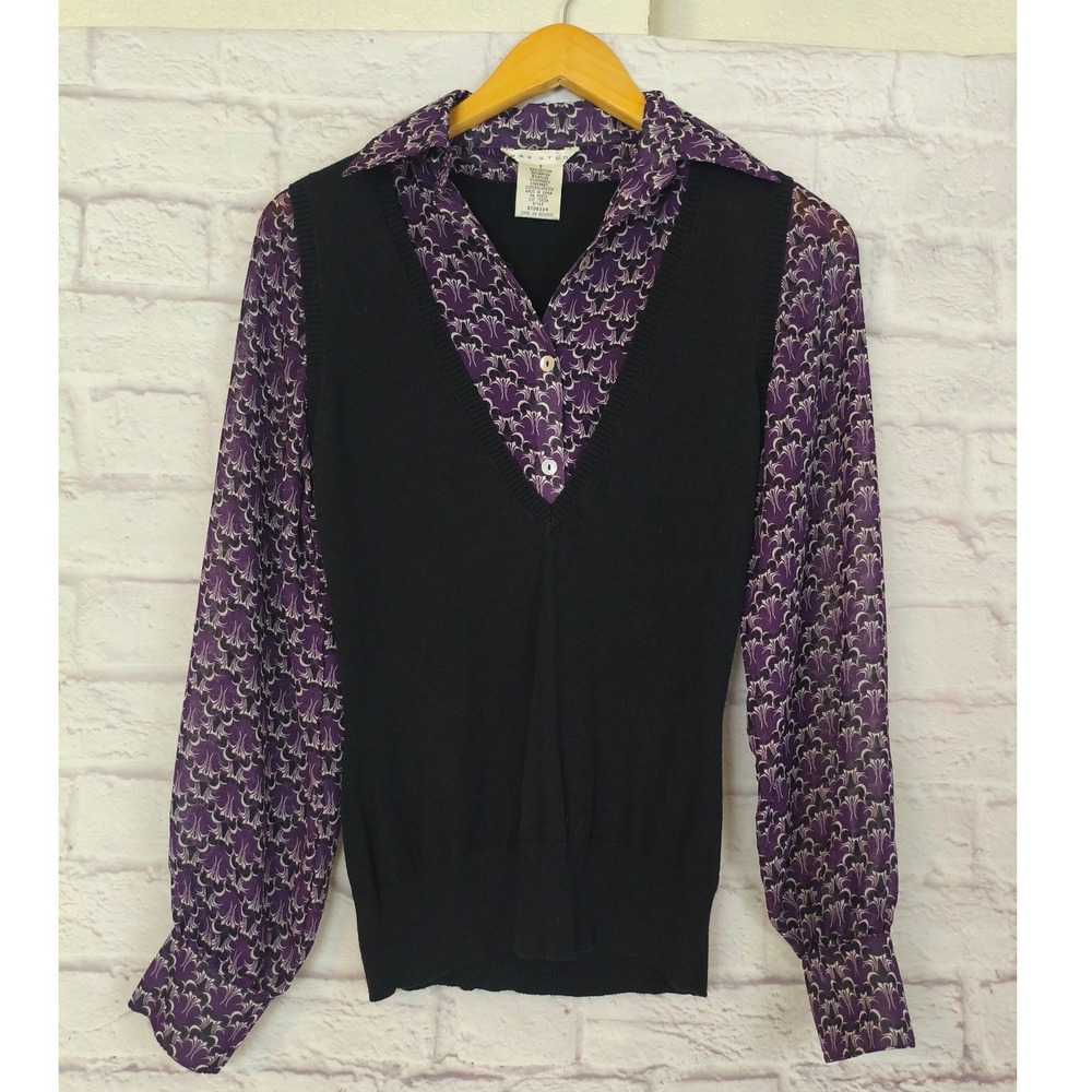 Max Studio Womens Mock Layered Sweater Vest Purple Black Sz Sm Gilmore Girls